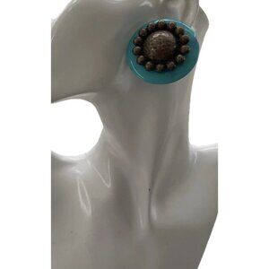 Vintage Oversized Silver Blue Round Floral Plastic clip on Earrings Mexico Sz 2”